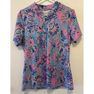 Soneven Women’s Short Sleeve Golf Shirt Paisley Floral Zip Neck Blue Pink Size M
